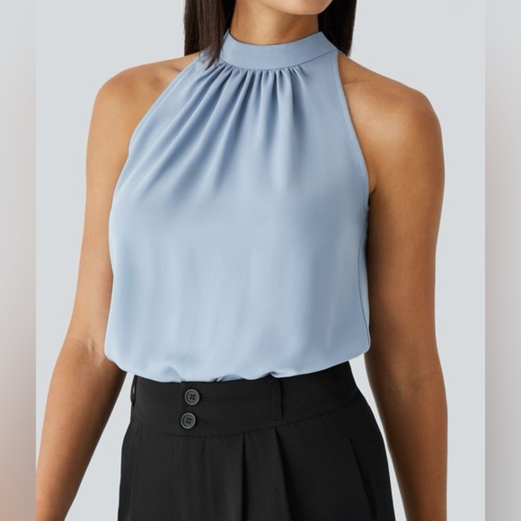 Halara Keyhole Back Halter Plicated Sleeveless Curved Hem Work Blouse/Shirt| NEW - Picture 2 of 12